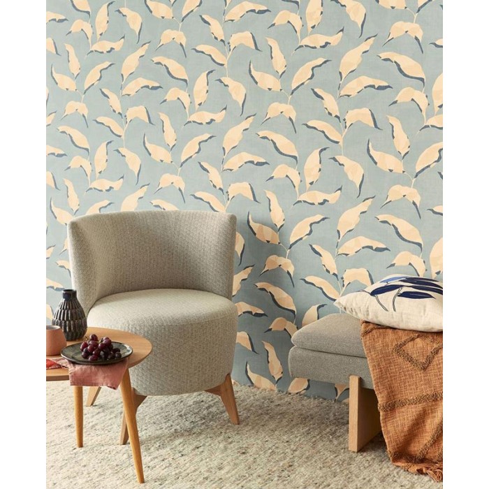 Papeldecor|Papel pintado hojas pintadas a mano azul|Papel Pintado