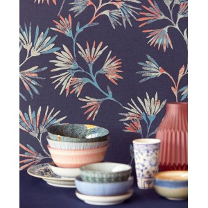 Casadeco|Papier peint floral classique avec feuilles imprimées sur fond noir|Floral 2