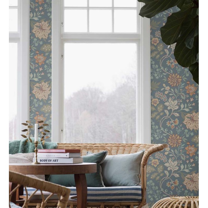 Borastapeter|Papier peint floral vintage bleu clair terre|Scandinave