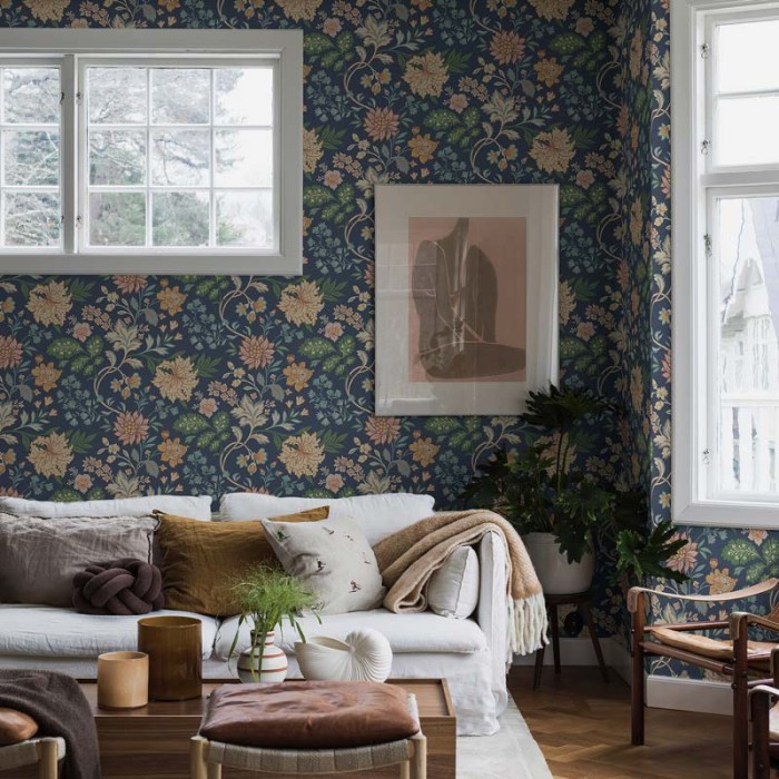 Borastapeter|Wallpaper deep blue multicolor Scandinavian floral|Wallpaper