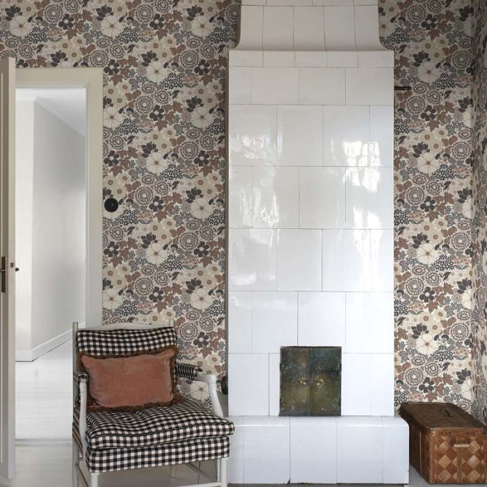 Borastapeter|Papel pintado blanco y marrón flores florecientes y hojas|Papel Pintado