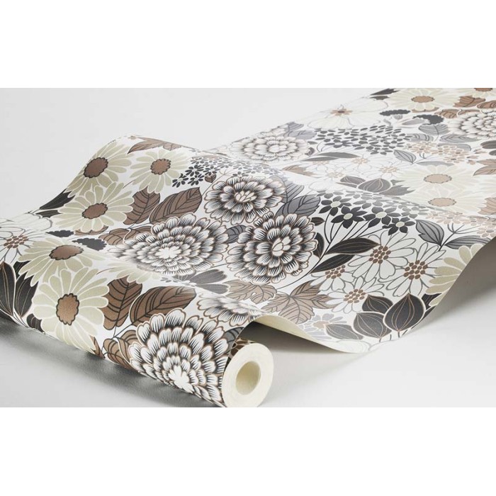Borastapeter|Papel pintado blanco y marrón flores florecientes y hojas|Papel Pintado