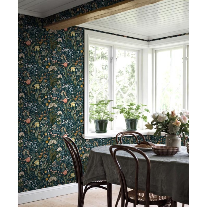 Borastapeter|Papel pintado floral azul petróleo estilo escandinavo|Papel Pintado