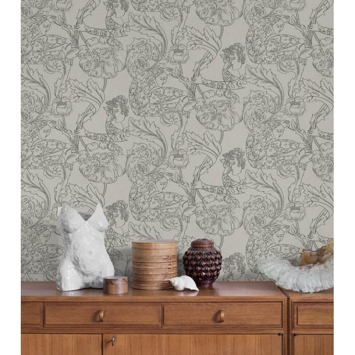 Borastapeter|Papier peint illustrations botaniques et humaines tons gris|Figuratif