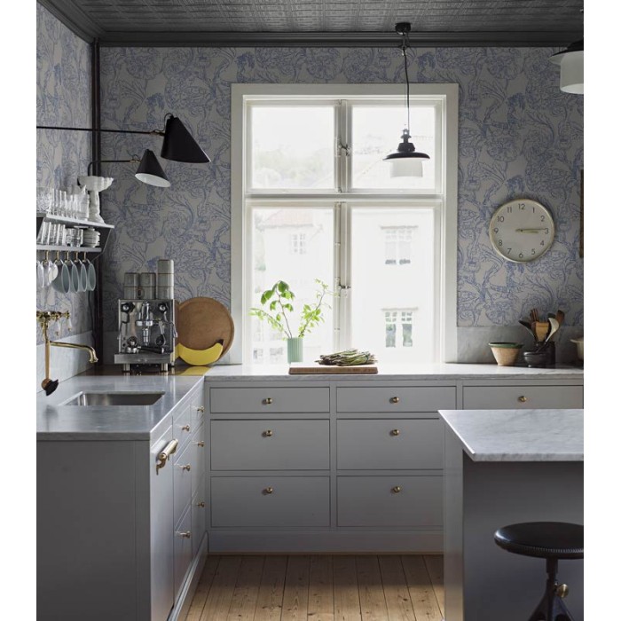 Borastapeter|Papel pintado ilustraciones botánicas y humanas azul y gris|Figurativo