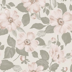 Grandeco|Papier peint romantique : très grandes fleurs taupe et roses|Floral
