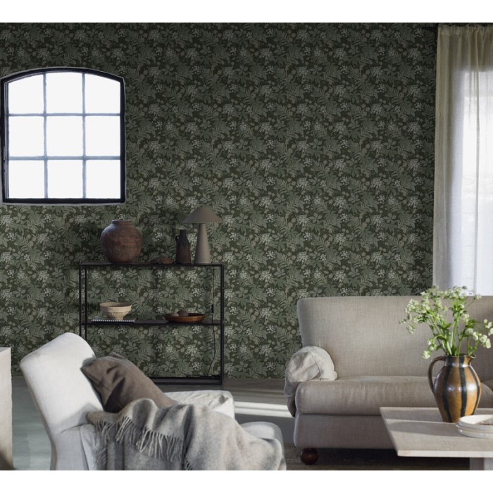 Papel pintado floral bosque estilo escandinavo en verde y beige - Borastapeter Essens 3950