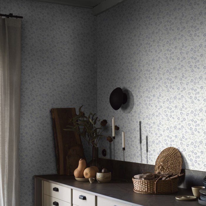 Borastapeter|Wallpaper blue white Scandinavian style wild roses floral|Scandinavian