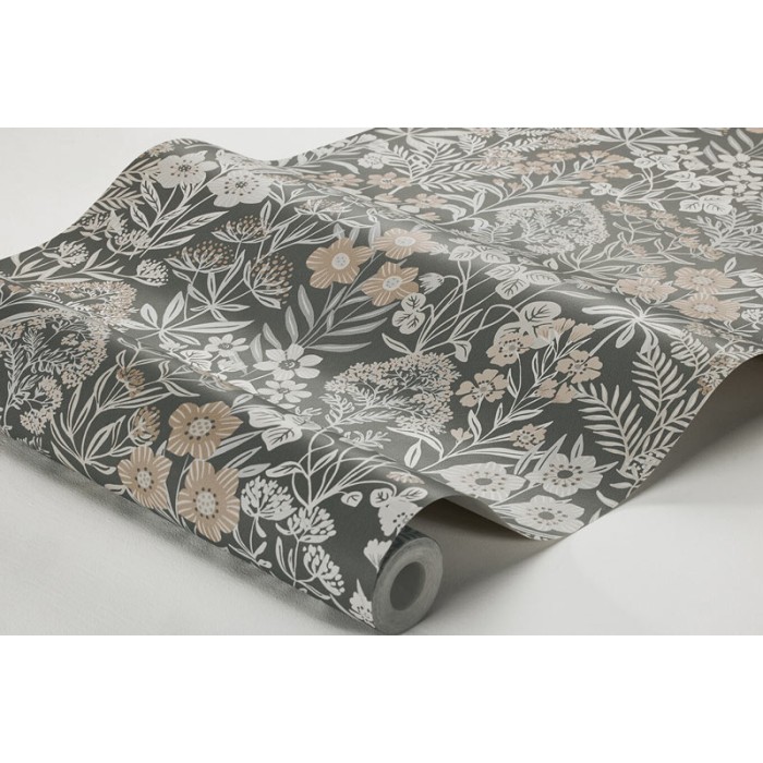 Papel pintado floral pradera estilo nórdico clásico en marrón y gris - Borastapeter Essens 3969
