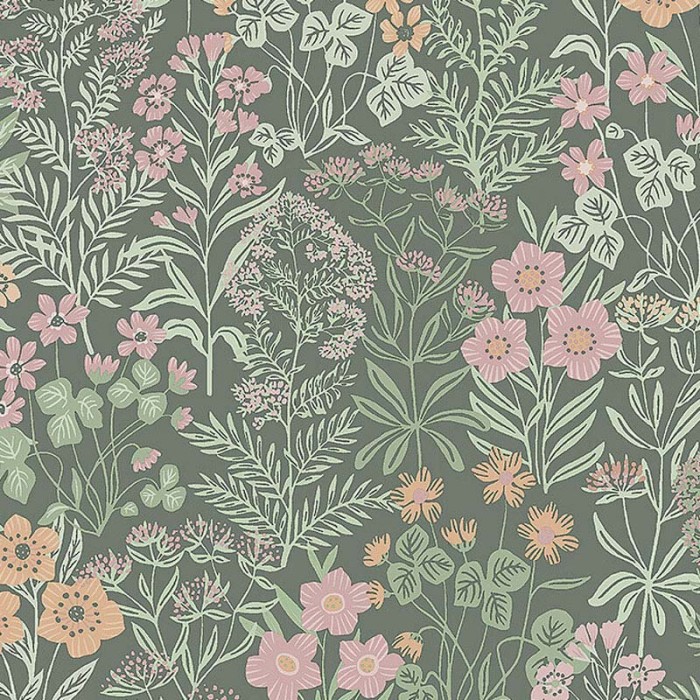 Borastapeter|Papel pintado floral pradera estilo escandinavo en verde oscuro|Papel Pintado