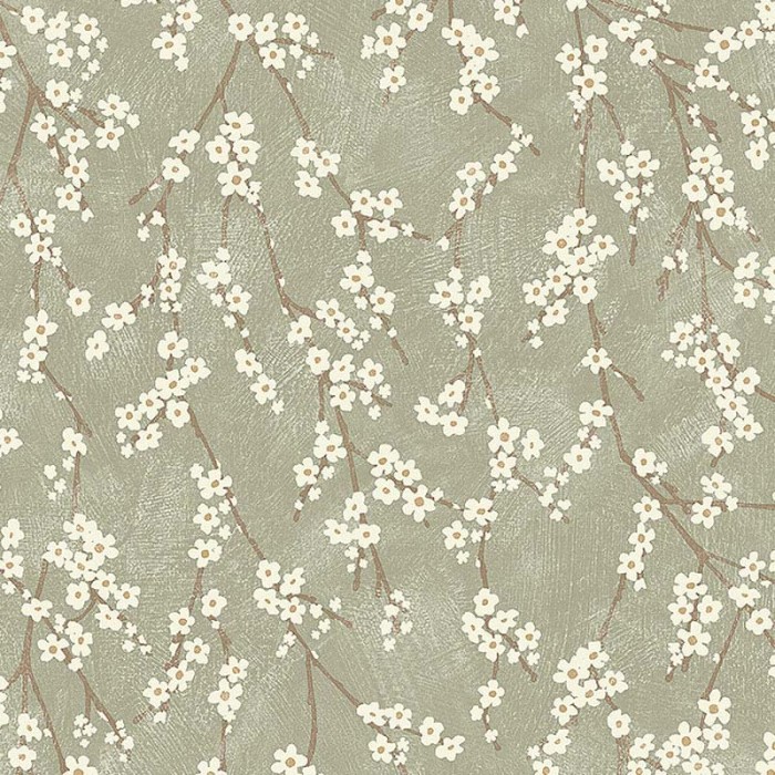 Papel pintado floral manzano estilo romántico escandinavo en verde y amarillo - Borastapeter Essens 3978