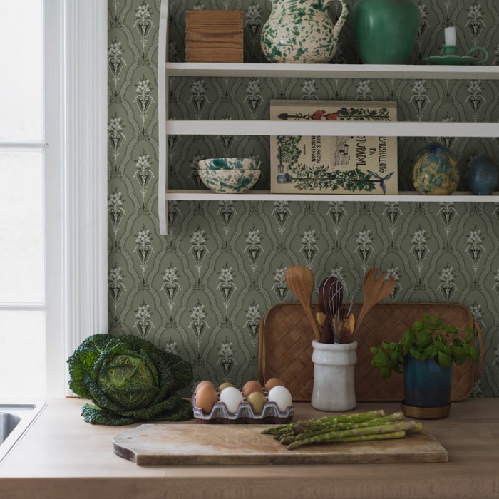 Borastapeter|Papier peint treillis floral style scandinave rustique vert blanc|Art Déco