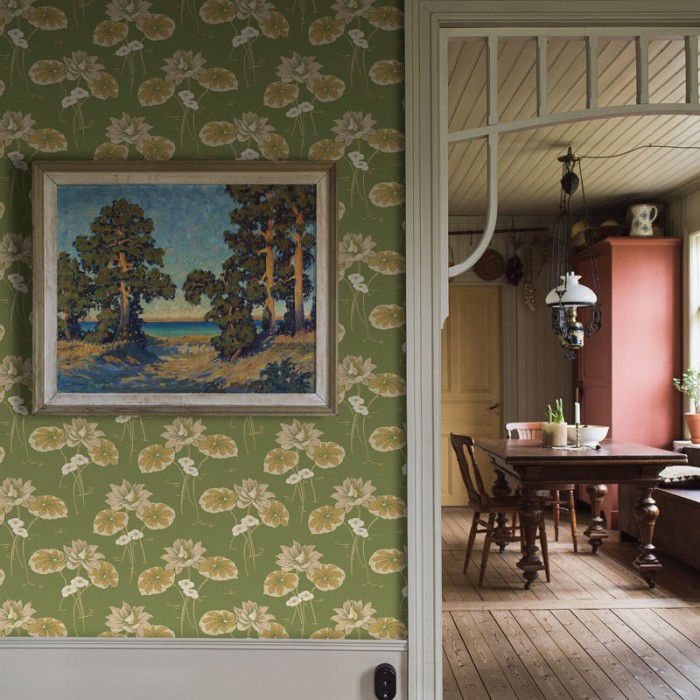 Borastapeter|Papel pintado nenúfares Art Nouveau estilo escandinavo en verde y rosa|Papel Pintado