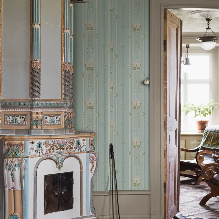 Borastapeter|Papier peint rayures verticales Art Nouveau bleu doré|Art Déco