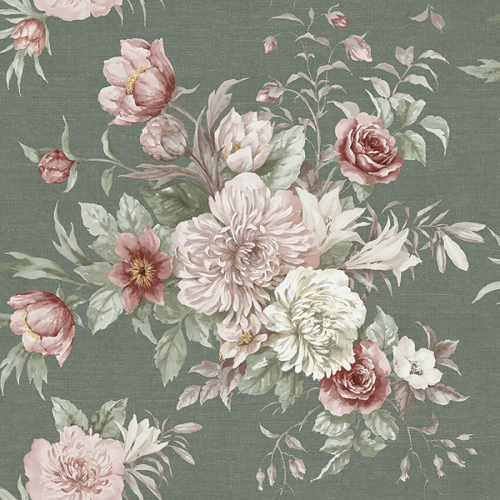 Borastapeter|Papel pintado floral ramos estilo romántico en verde oscuro|Romántico