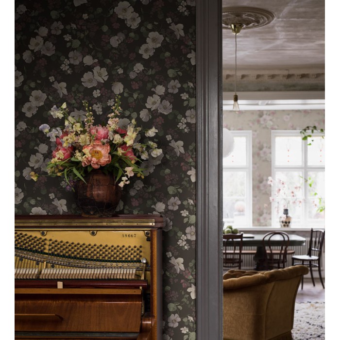 Borastapeter|Papel pintado floral estilo nocturno romántico en burdeos y gris oscuro|Papel Pintado