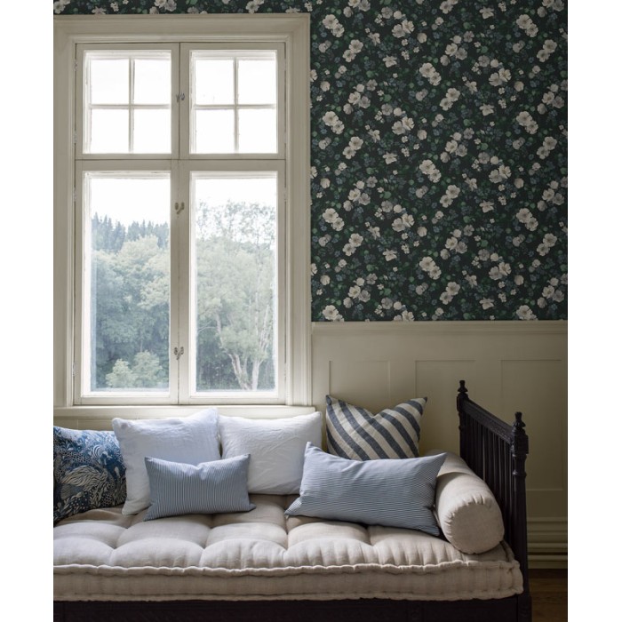 Borastapeter|Papel pintado floral estilo nocturno botánico en negro y verde jade|Papel Pintado