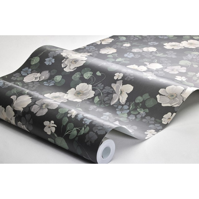 Borastapeter|Papel pintado floral estilo nocturno botánico en negro y verde jade|Papel Pintado