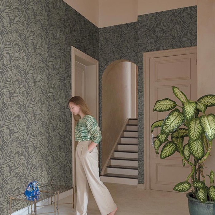 Grandeco|Papier peint tropical gris argent texturé|Tropical