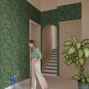 Casamance|Wallpaper linen green decorative embroidered leaves|Wallpaper 2