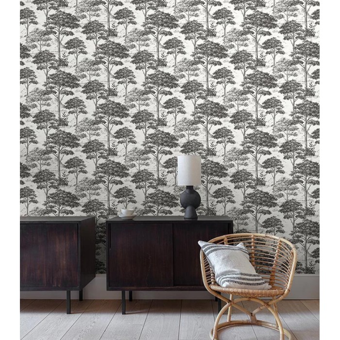 Papel pintado árboles floral blanco negro - Grandeco Maison MN3013