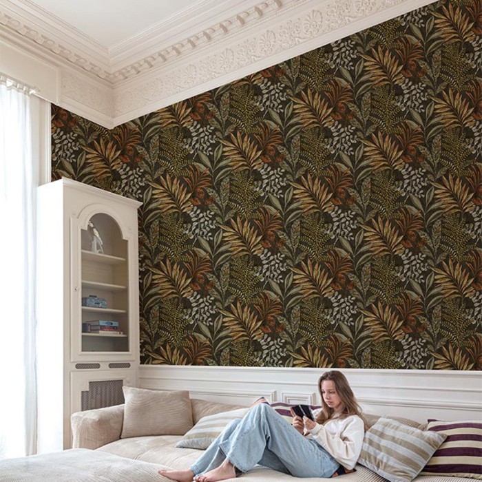 Grandeco|Tropical leaves black multicolor wallpaper|Tropical