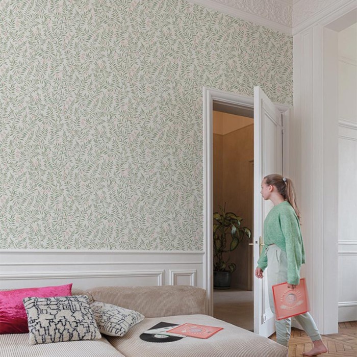 Papel pintado flores ramilletes y hojas verde rosa - Grandeco Maison MN3409