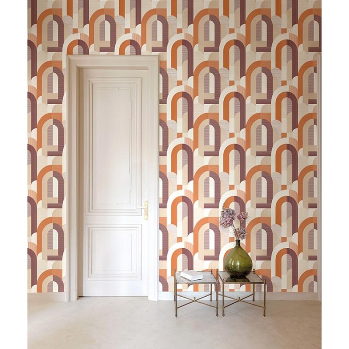 Grandeco|Orangefarbene lila Kreise und Streifen Tapete|Retro
