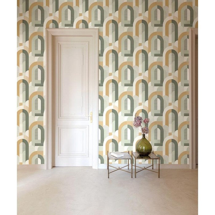 Grandeco|Terracotta grüne Kreise und Streifen Tapete|Retro