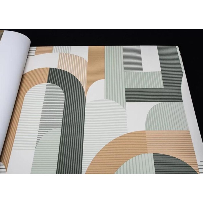 Grandeco|Terracotta green circles and stripes wallpaper|Retro