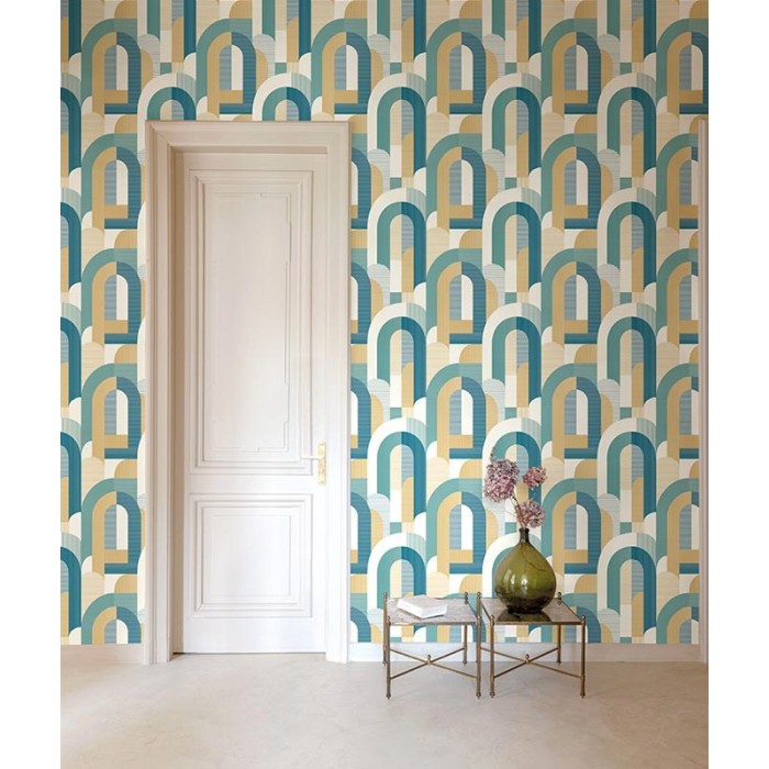 Papel pintado geométrico circulos rayas azul verde - Grandeco Maison MN3612