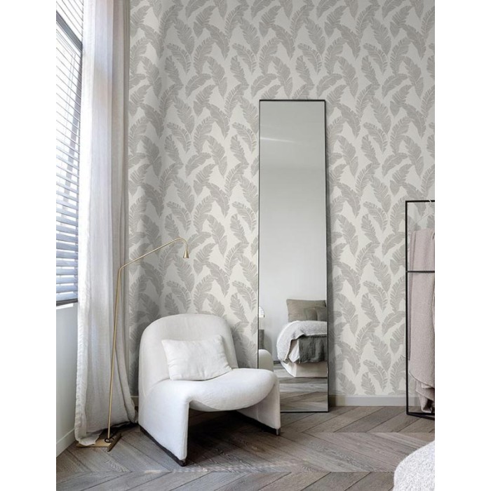 Papel pintado minimalista hojas grandes blanco crema - Grandeco Tempo A62201