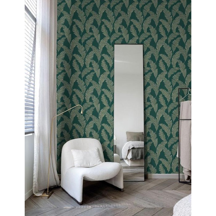 Papel pintado minimalista hojas grandes verde - Grandeco Tempo A62202