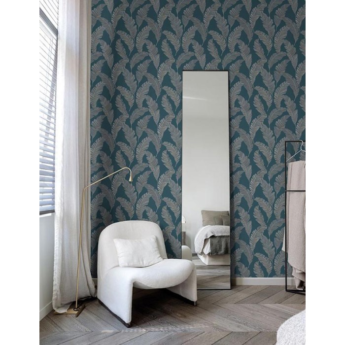 Grandeco|Minimalist large leaves blue wallpaper|Wallpaper