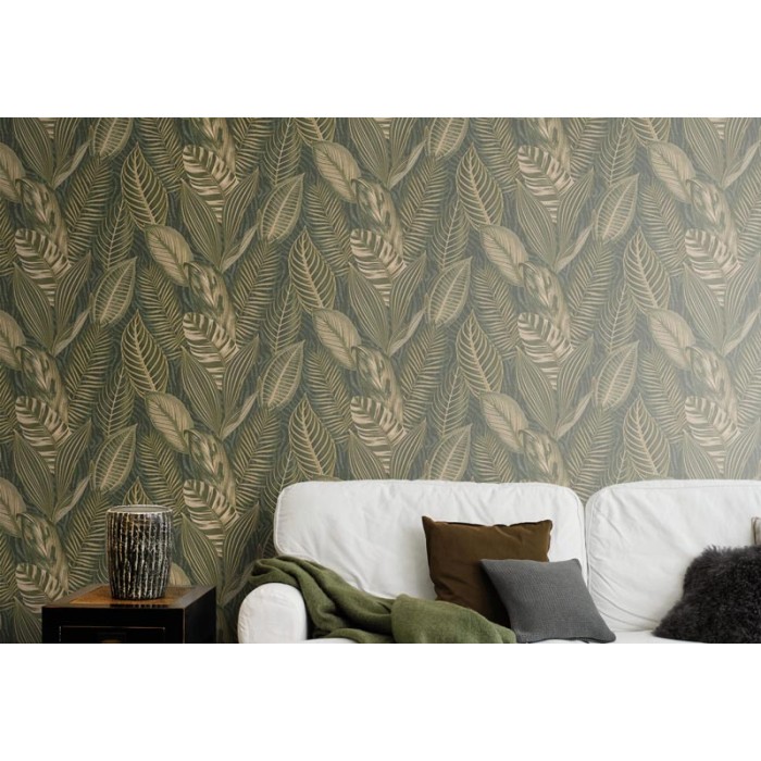 Rasch|Wallpaper ethnic style large green gold leaves|Wallpaper