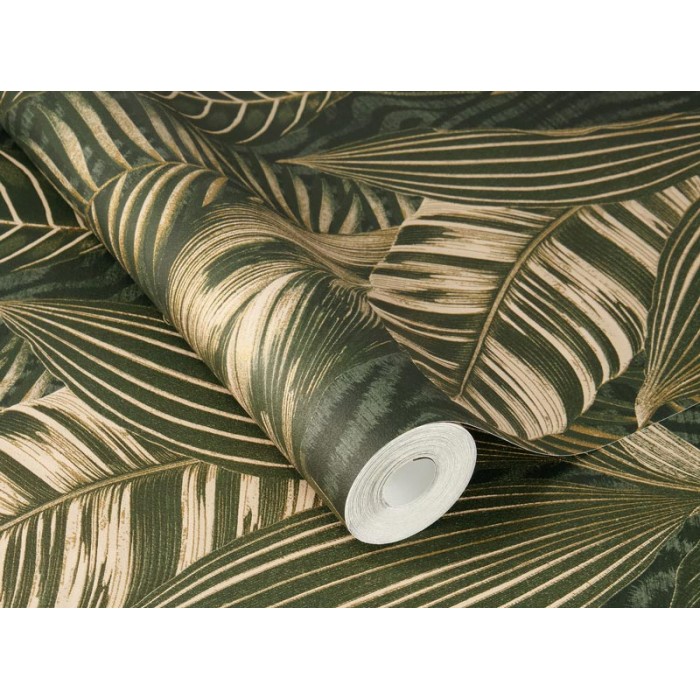Papel pintado estilo étnico hojas grandes verde oro - Rasch African Queen III 751826