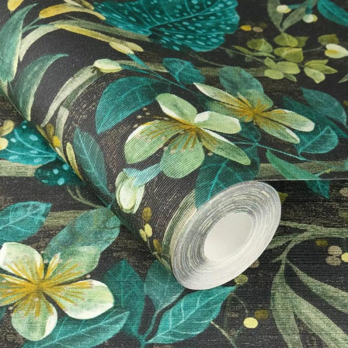 Rasch|Papel Pintado floral verde, flores de begonia|Papel Pintado