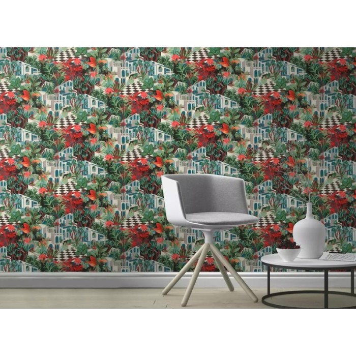 Papel pintado paisaje tropical bungalows multicolor - Rasch Tropical House 687408