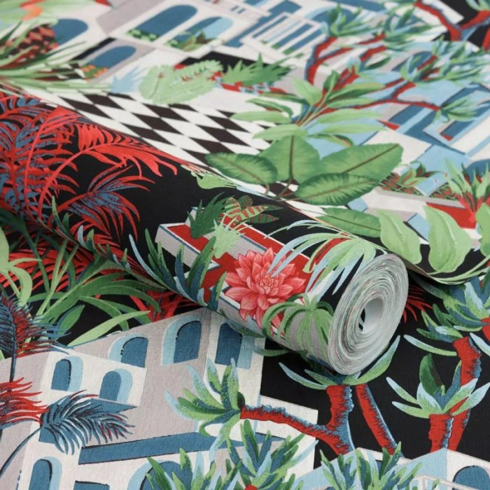 Rasch|Tapete tropische Landschaft Bungalows bunt|Tropische