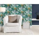 Rasch|Papier peint paradis tropical bungalows vert et violet|Tropical