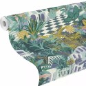 Rasch|Papier peint paradis tropical bungalows vert et violet|Tropical