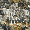 Rasch|Wallpaper tropical house bungalows grey and yellow|Tropical