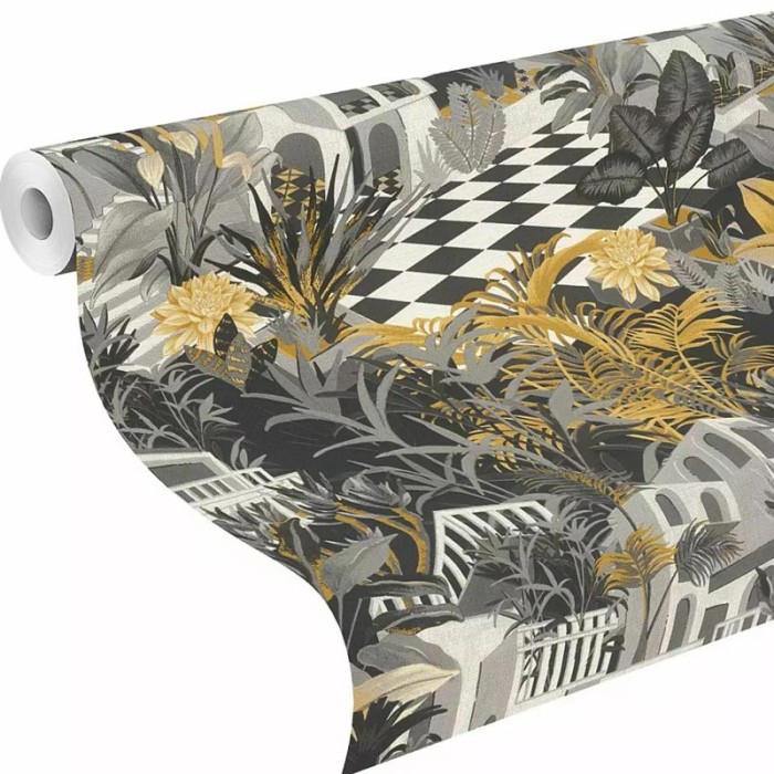 Rasch|Papier peint maison tropicale bungalows gris et jaune|Tropical