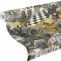 Rasch|Papel pintado casa tropical bungalows gris y amarillo|Tropical