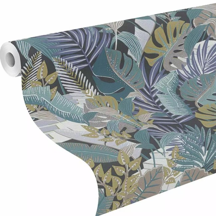 Rasch|Papier peint tropical grandes feuilles vertes et violettes|Papier Peint