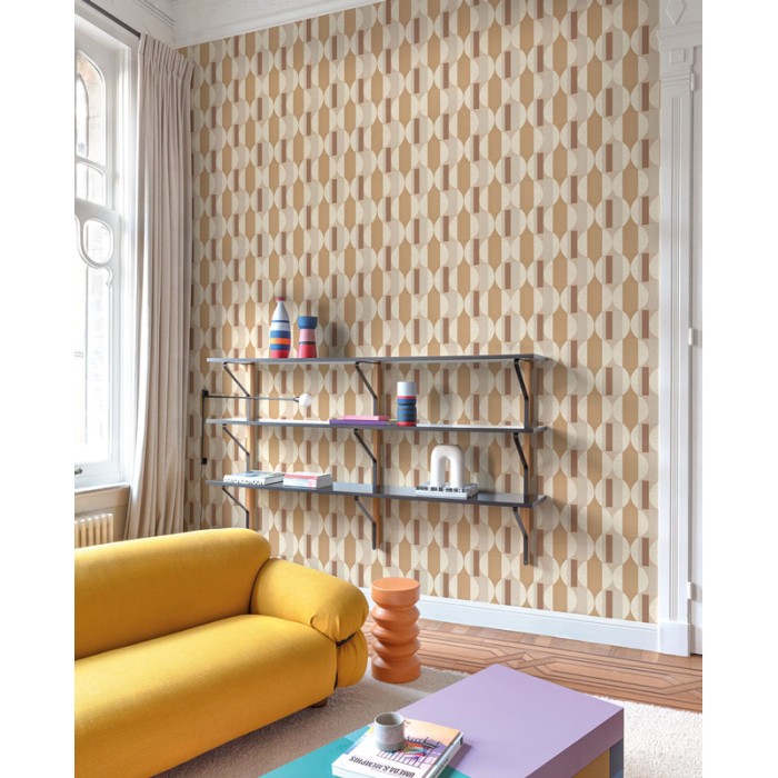 Grandeco|Papel pintado geométrico efecto madera amarillo mostaza|Retro