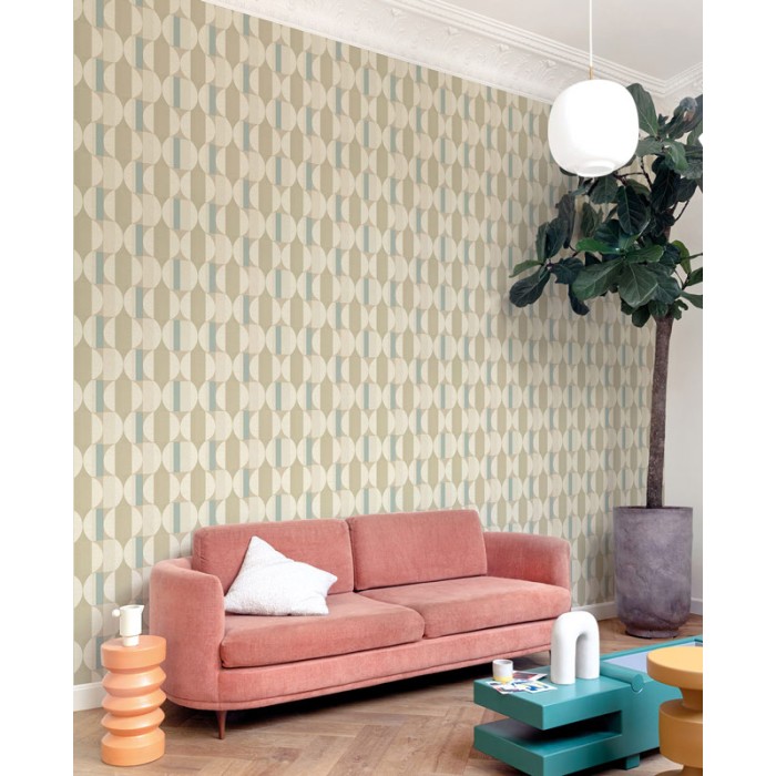 Grandeco|Geometrisches Holzeffekt-Tapete beige-türkis|Retro