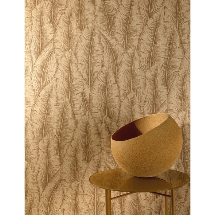 Grandeco|Tropical cumaru leaves mustard yellow wallpaper|Modern
