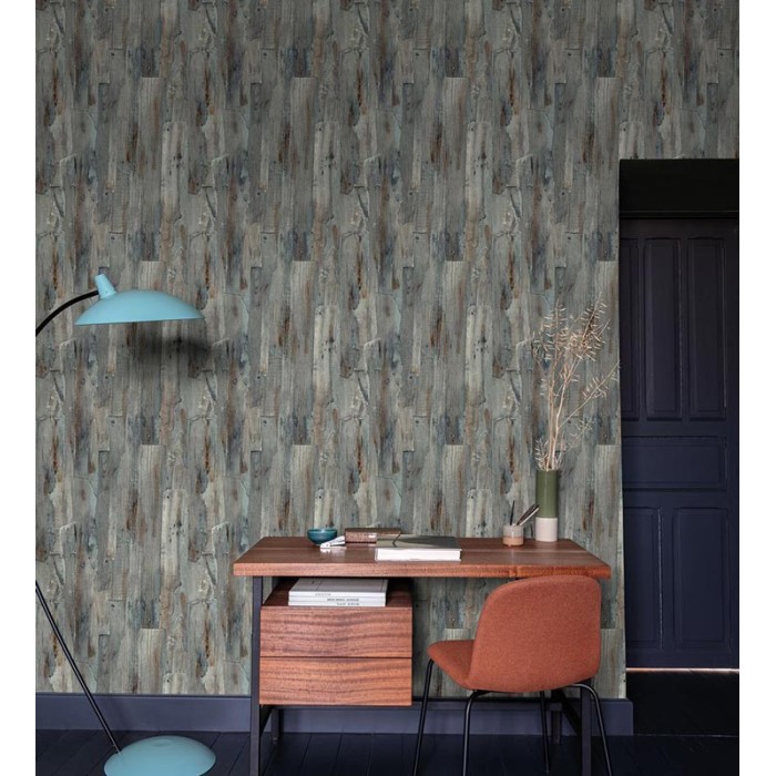 Grandeco|Aged wood bluish-green wallpaper|Wood Imitation