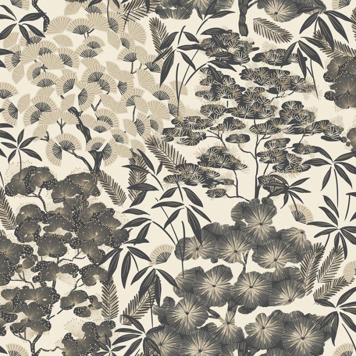 Grandeco|Papel pintado oriental flores japonesas beige negro|Oriental